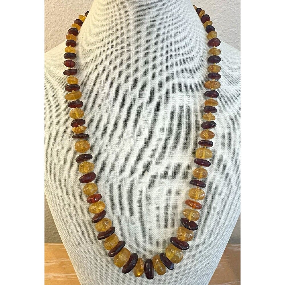 Amber Yellow Brown Graduated Hand Knotted Necklace 12 K Gold Filled Clasp 24 in
